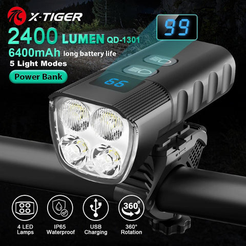 X-Tiger Bike Light Headlight Bicycle Lamp With Power Bank Rechargeable LED 5200mAh MTB Bicycle Light Flashlight Bike Accessories