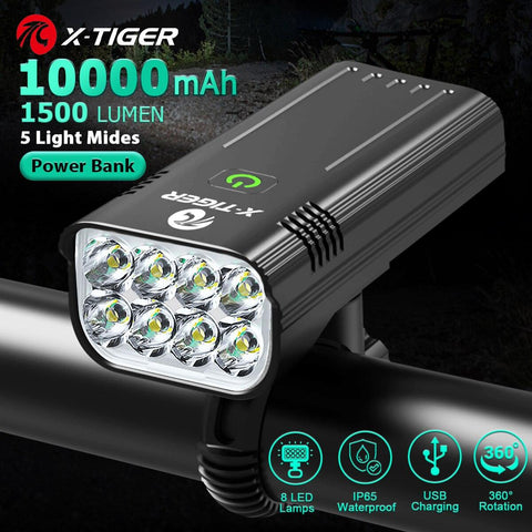 X-TIGER Bike Light Set Powerful USB Rechargeable Bright 8 LED 10000mAh Bicycle Front Lights IPX5 Waterproof Front Lamp Taillight