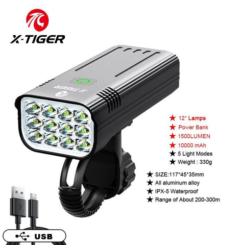 X-TIGER Bike Light Set Powerful USB Rechargeable Bright 8 LED 10000mAh Bicycle Front Lights IPX5 Waterproof Front Lamp Taillight